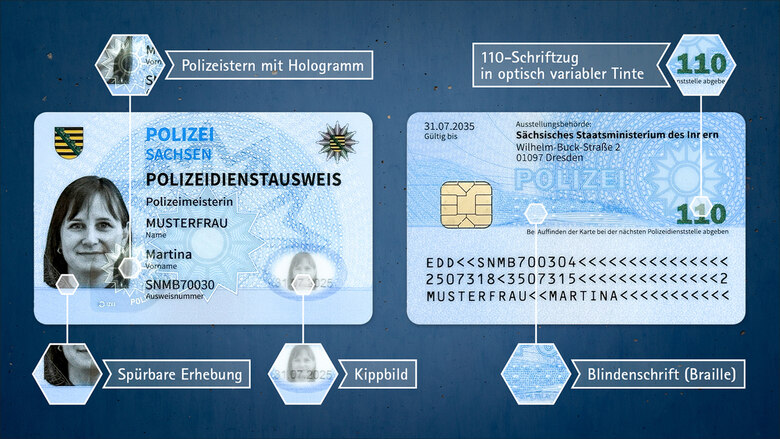 Der bundeseinheitliche Dienstausweis der Polizei: Eine Grafik zeigt die Sicherheitsmerkmale.