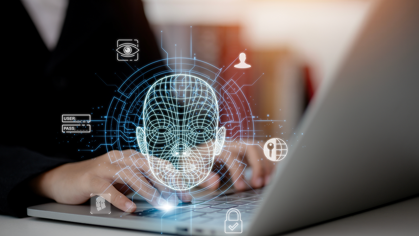 KI-Gesicht vor Laptop