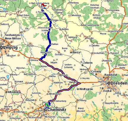 Landkarte mit der Anfahrtsstrecke Chemnitz-Dommitzsch