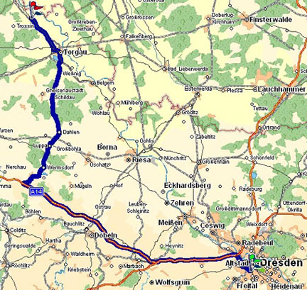Landkarte mit der Fartstrecke von Dresden-Dommitzsch.