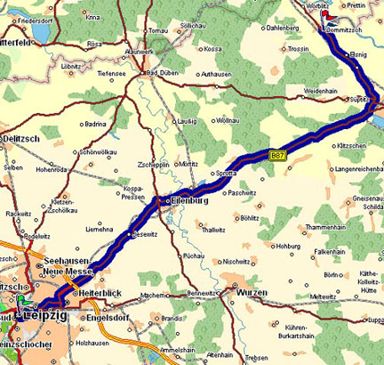 Landkarte mit der Fahrtstrecke Leipzig-Dommitzsch