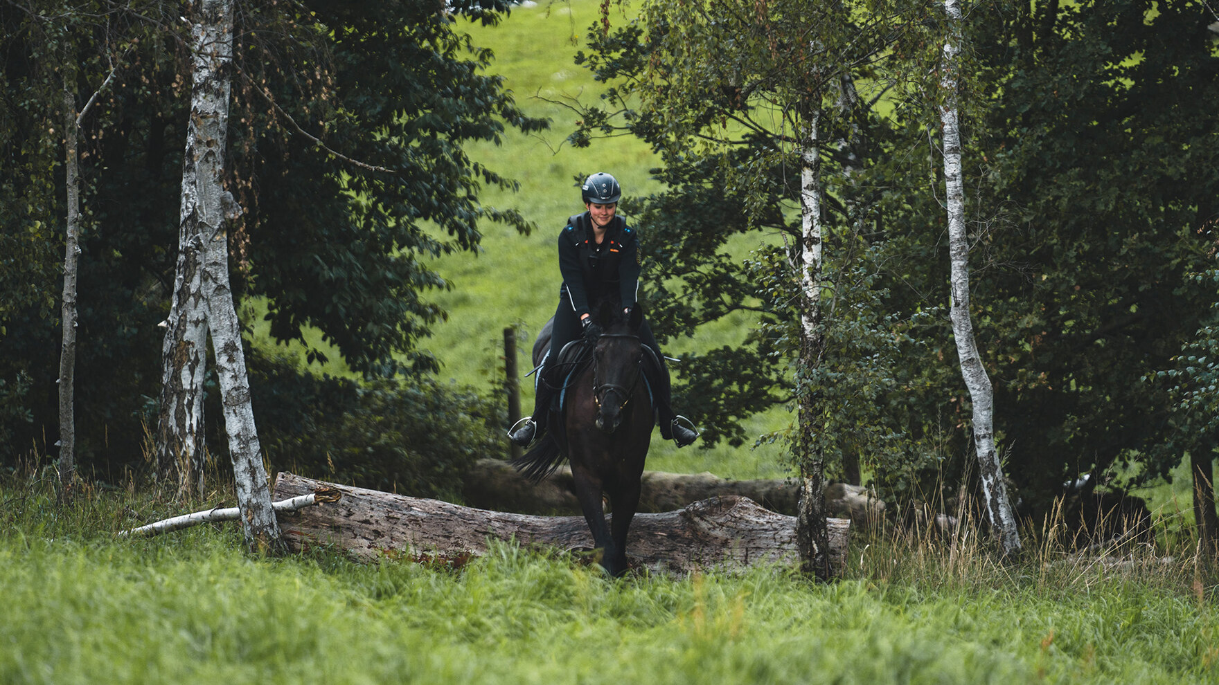 Reiterin reitet mit ihrem Pferd durch die Natur