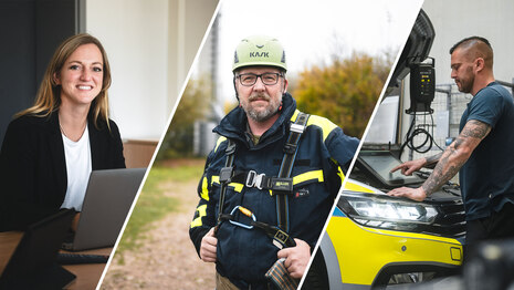 Die Collage zeigt das Team des Polizeipräsidiums für Service und IT (PPSI): Eine Mitarbeiterin an einem Büro-Arbeitsplatz, ein Kfz-Mechaniker in der Werkstatt und ein Ingenieur. Im PPSI gibt es viele zivile Berufe – wir machen Polizeiarbeit möglich.