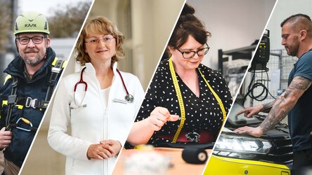 Die Foto-Collage zeigt das Team des Polizeipräsidium für Service und IT (PPSI): Eine Ärztin, eine Schneiderin, ein Kfz-Mechaniker und ein Ingenieur. Im PPSI gibt es viele weitere zivile Berufe – wir machen Polizeiarbeit möglich.